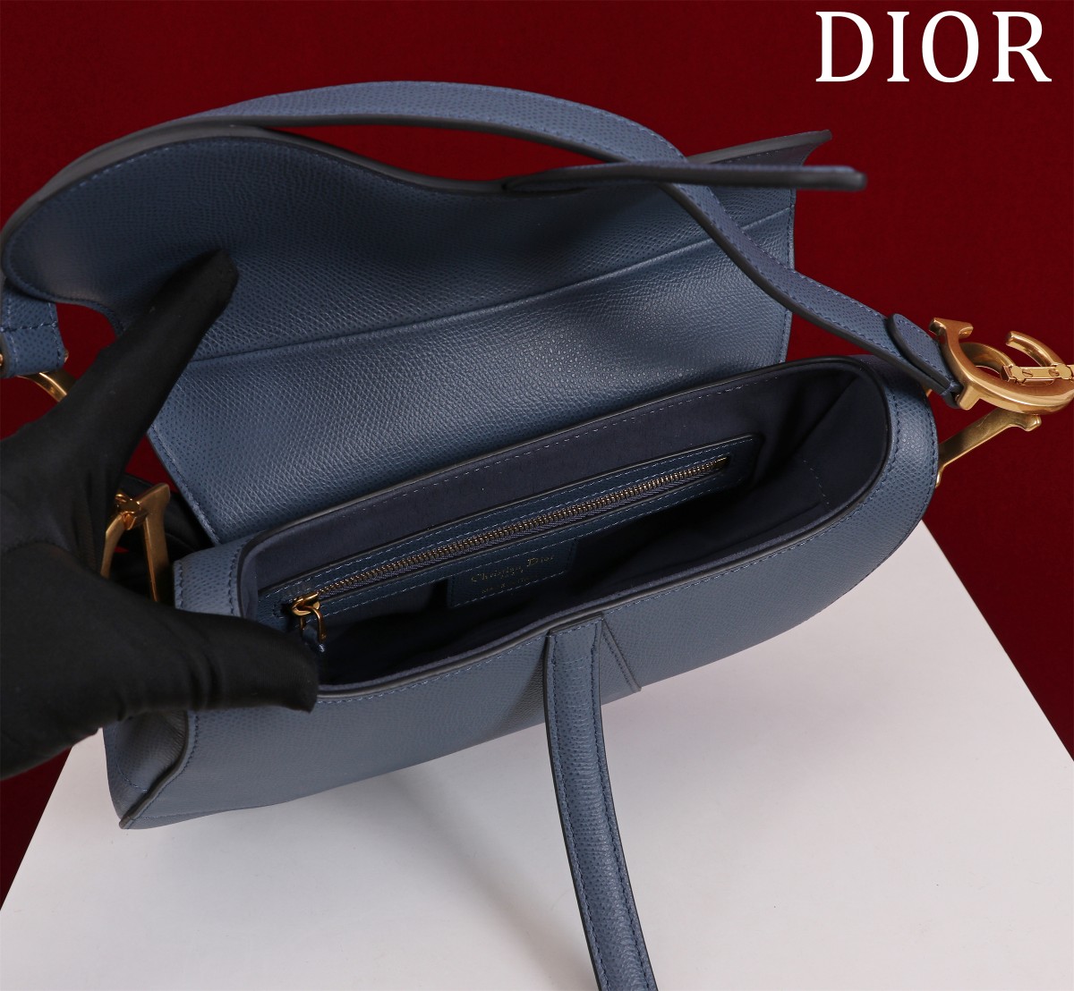 Saddle Bag with Strap Navy Grained Calfskin